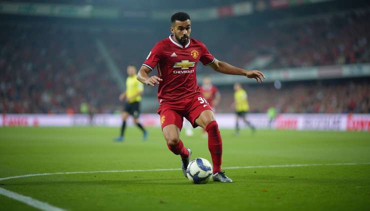 Eye-level view of Bruno Guimaraes controlling the ball during a match