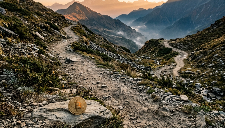 Wide-angle view of a mountain path with a small Bitcoin token placed beside a fork in the trail.