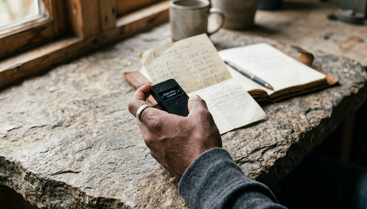 Eye-level view of a hardware wallet held above a stone surface beside a handwritten recovery card