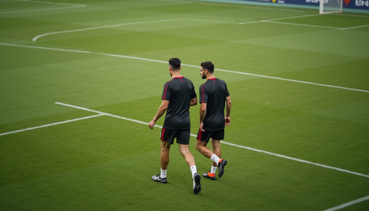High angle view of two football players walking on training ground
