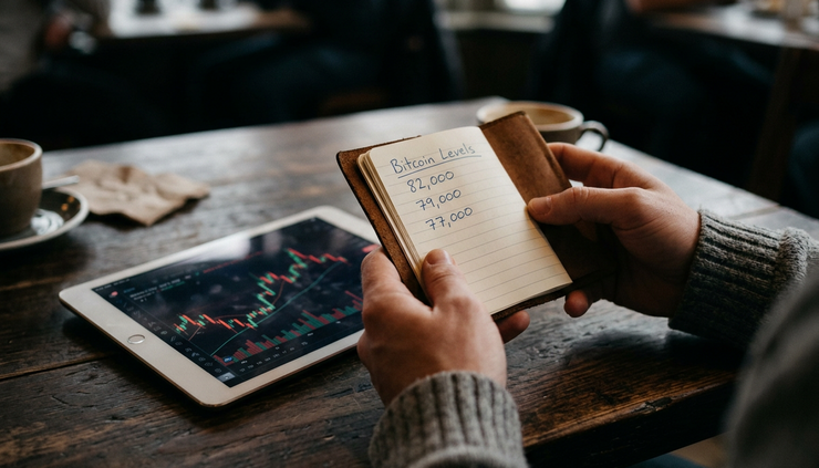 Eye-level view of a trader’s hands holding a notebook with Bitcoin support levels beside a tablet chart