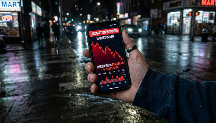Close-up view of a red liquidation warning on a phone screen held above a pavement at night