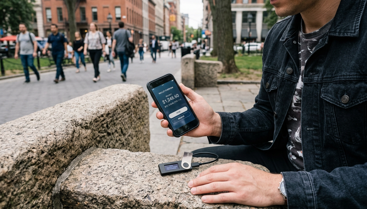 Wide-angle view of a person checking a crypto wallet on a smartphone beside a hardware wallet