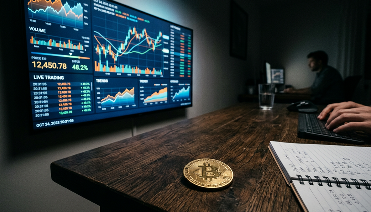 Wide-angle view of glowing market charts beside a generic golden crypto coin