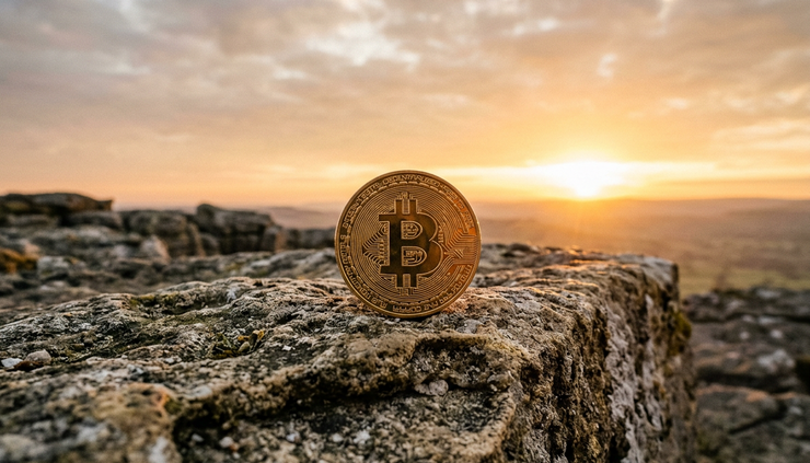 Low-angle view of a physical Bitcoin token balanced on a stone ledge at sunrise.