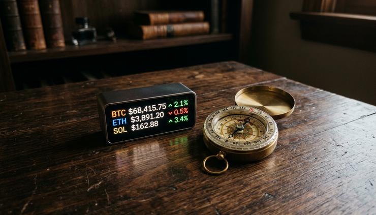 Wide-angle view of a glowing crypto market ticker beside a brass compass.
