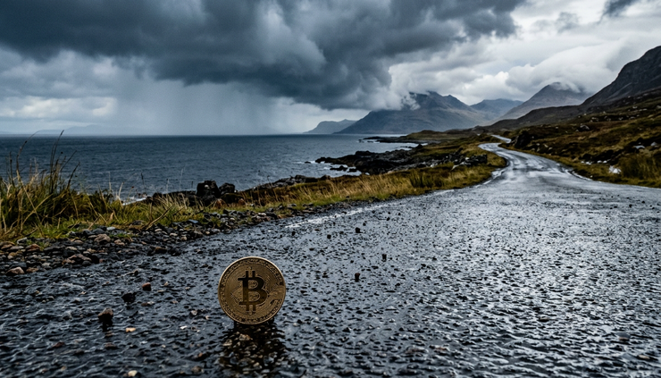 Wide-angle view of storm clouds over a coastal road with a small Bitcoin coin in the foreground