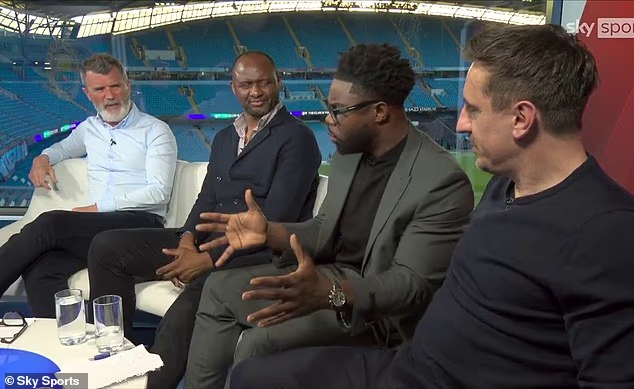Roy Keane (left) clashed with Micah Richards (second right) and Gary Neville (right) over Arsenal's performance against Manchester City