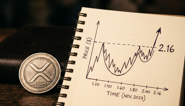 Close-up view of an XRP token beside a hand-drawn breakout chart
