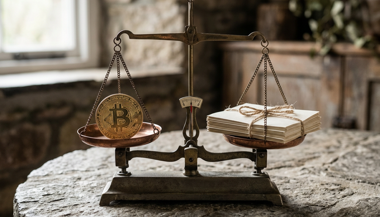 Eye-level view of a metal scale balancing a Bitcoin coin and a stack of legal papers