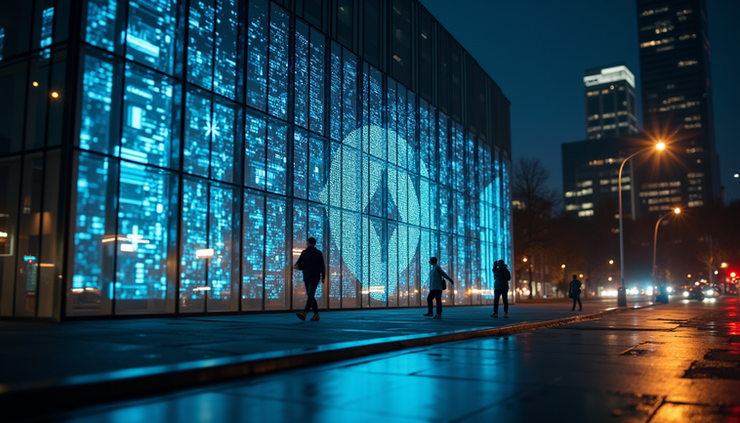 Eye-level view of a modern bank building with digital asset symbols projected on the facade