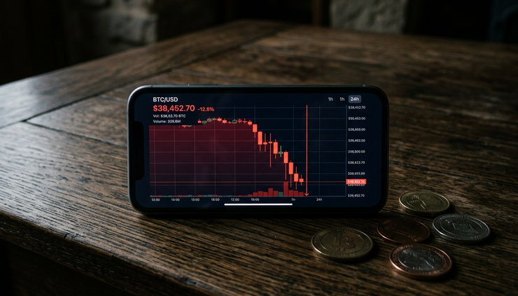 Wide-angle view of a phone showing a red Bitcoin price chart beside loose coins on a dark wooden table