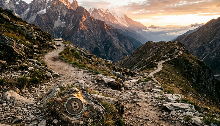 Wide-angle view of a mountain path with a small Bitcoin marker near a fork in the trail