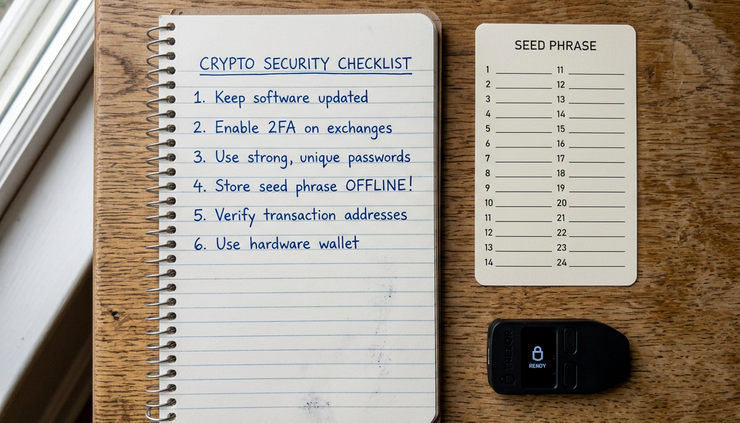 Overhead view of a notebook with handwritten crypto security notes beside a seed phrase card and hardware wallet
