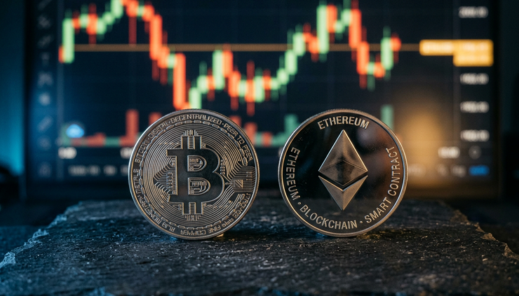 Eye-level view of Bitcoin and Ethereum tokens on a textured surface with a blurred market chart behind them