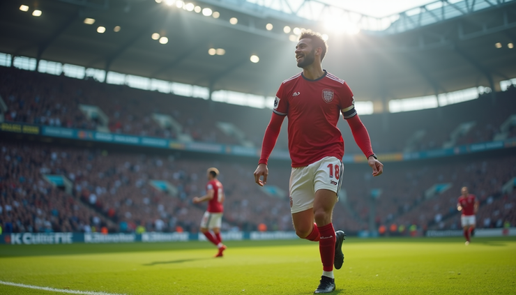 Eye-level view of Harry Kane celebrating a goal on the football pitch