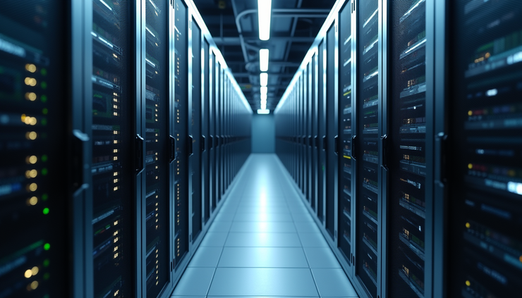 Eye-level view of a large AI data center with rows of servers and cooling systems