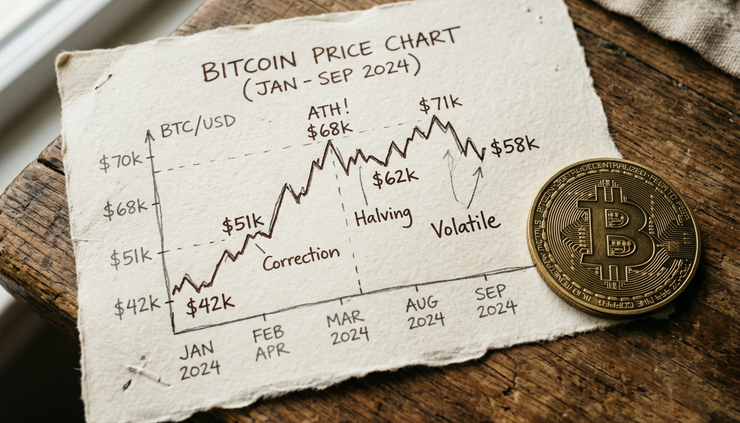 Close-up view of a handwritten market chart beside a physical Bitcoin coin on rough paper