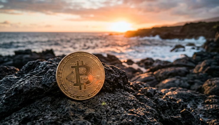Wide-angle view of a physical Bitcoin coin resting on dark volcanic rock near a glowing horizon
