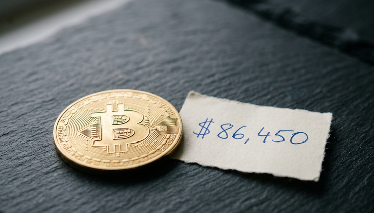 Close-up view of a gold Bitcoin token resting on dark stone beside a handwritten price note.