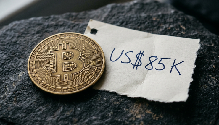 Close-up view of a brass Bitcoin token beside a handwritten US$85K note