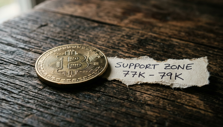 Low-angle view of a physical Bitcoin token near a torn paper strip labelled support zone