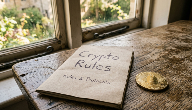 Eye-level view of a paper rulebook and a physical Bitcoin token on a wooden table near a window.