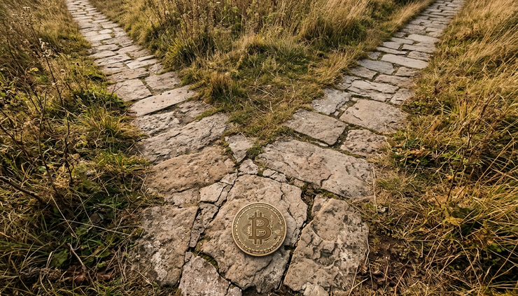 Overhead view of a cracked stone path with a Bitcoin coin placed near a fork in the trail