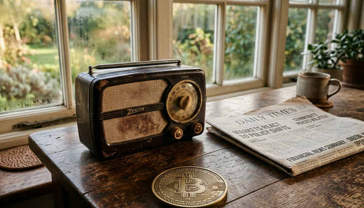 Eye-level view of a small radio beside a newspaper with generic financial headlines