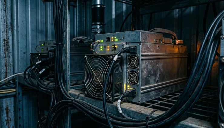 Close-up view of a Bitcoin mining machine glowing in a cold industrial shed