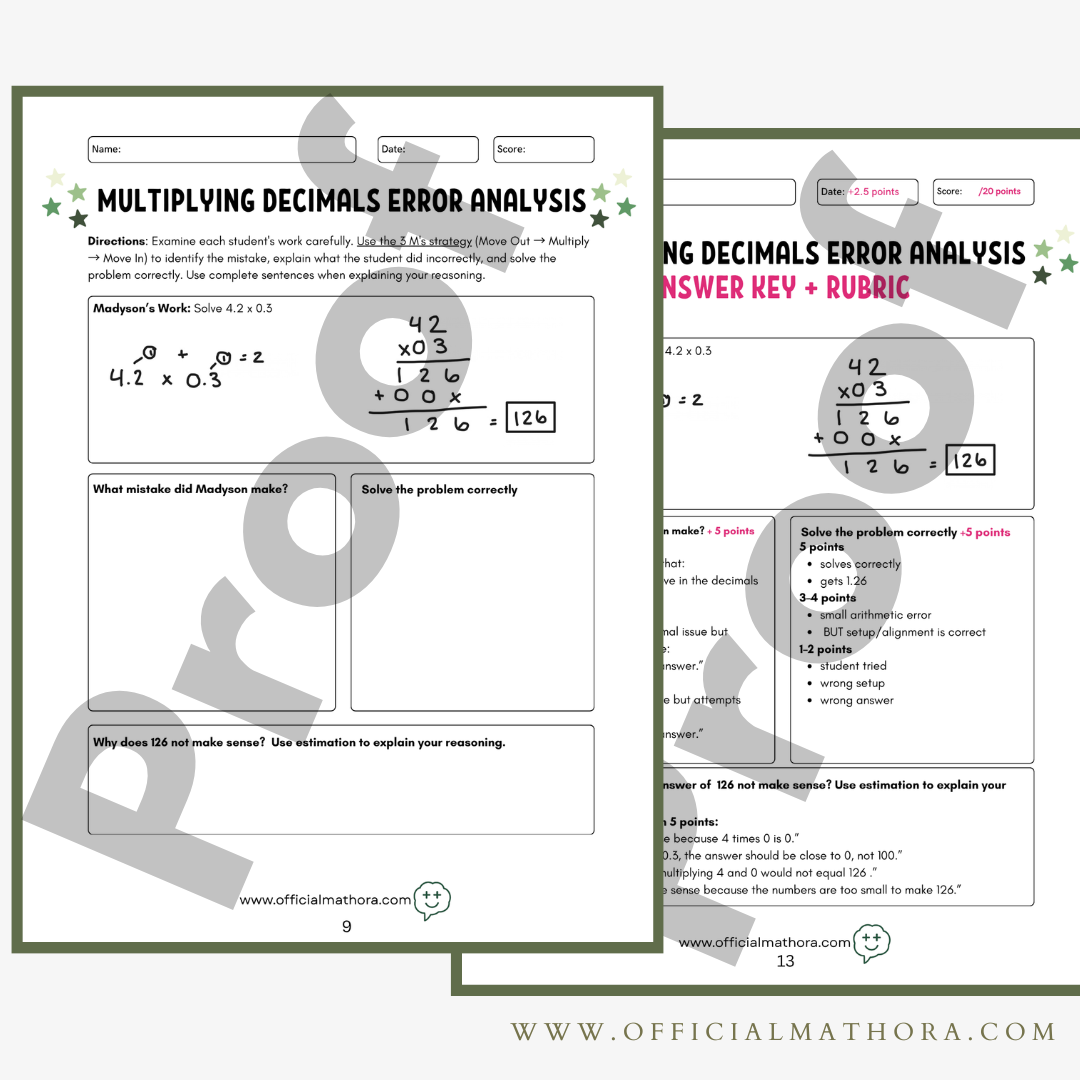 Multiplying Decimals Error Analysis activity for 6th grade math with student mistakes, reasoning questions, answer key, and r
