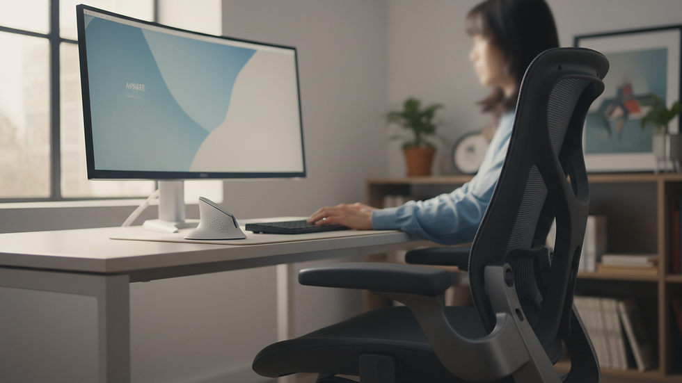 Eye-level view of an ergonomic office setup with a computer and chair