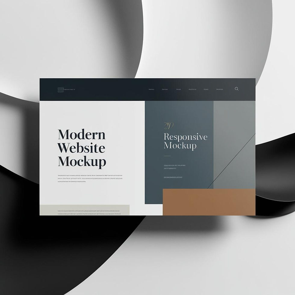 Ein modernes Website-Mockup, auf weißem grauen schwarzen hintergrund. Die Website im Mocku