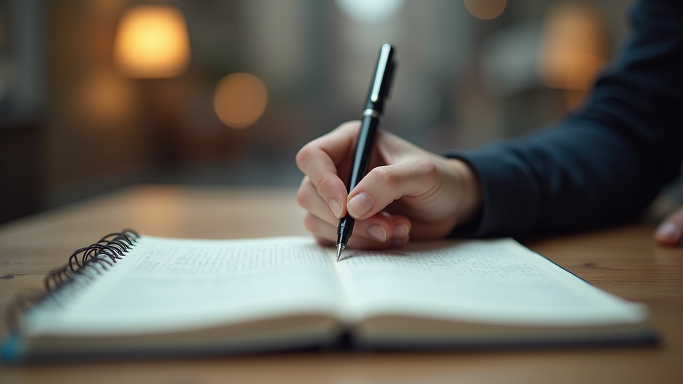 Eye-level view of a person writing in a notebook with a pen