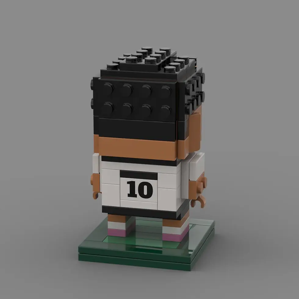 Miniaturbild: Auf dem Foto sieht man eine Aufnahme eines detailgetreuen Klemmbaustein Sets eines deutschen Fußballspielers Jamal Musiala