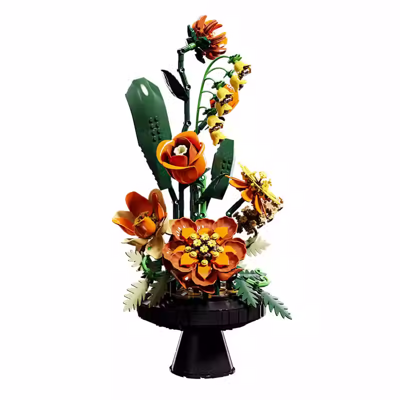 Auf dem Foto sieht man eine Aufnahme eines detailgetreuen Klemmbaustein Sets eines schönen Blumenstrauß