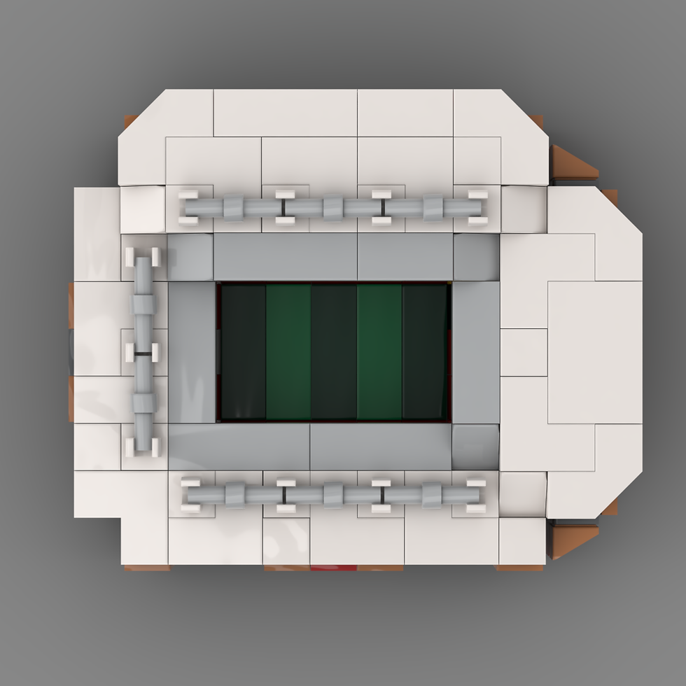 Miniaturbild: Auf dem Foto sieht man eine Nahaufnahme eines detailgetreuen Klemmbaustein Stadions des Fussballvereins Liverpool
