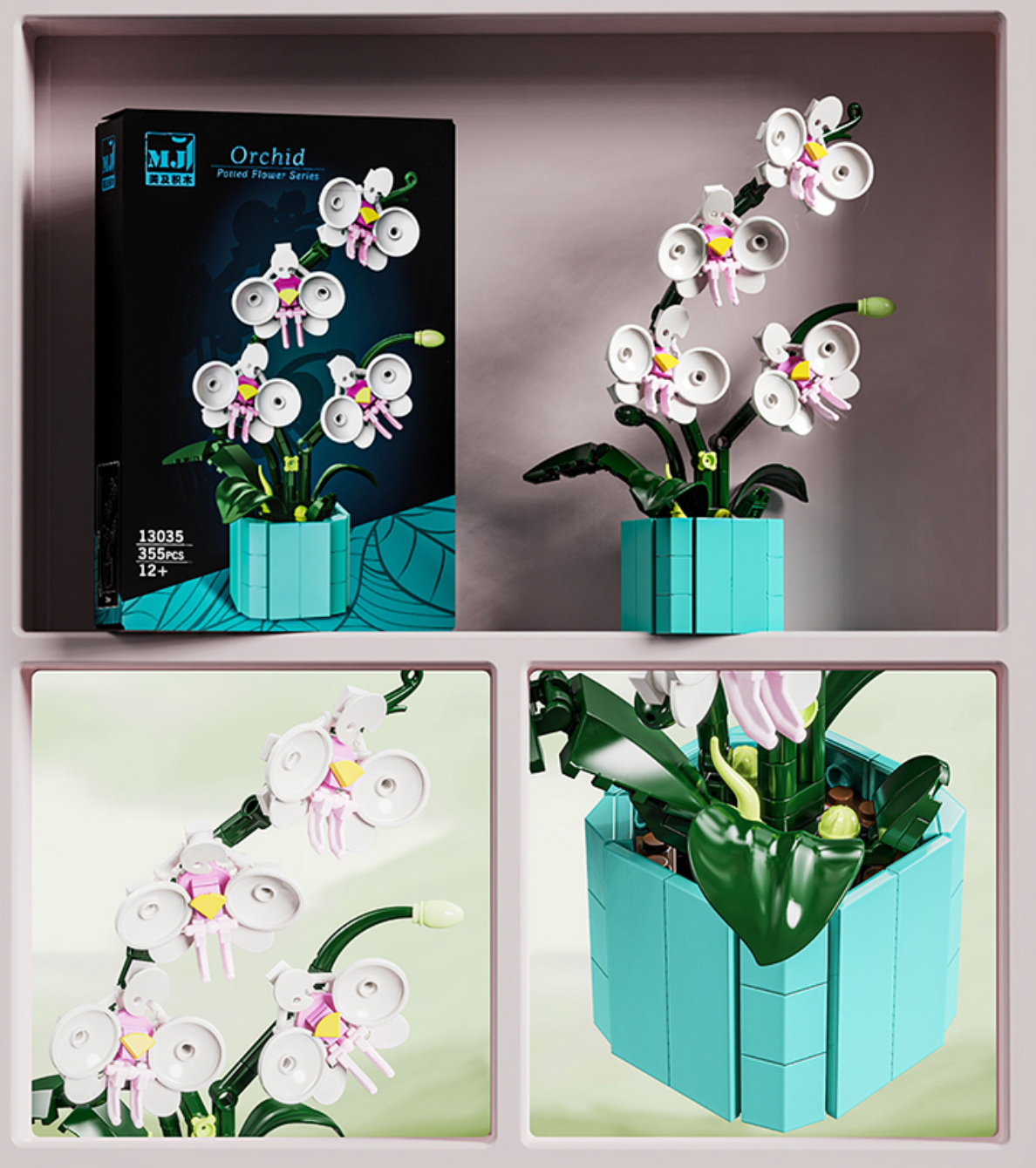 Auf dem Foto sieht man eine Aufnahme eines detailgetreuen Klemmbaustein Sets einer schönen Orchidee