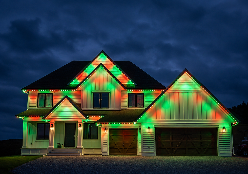 Home with green and red decorative lighting installation.