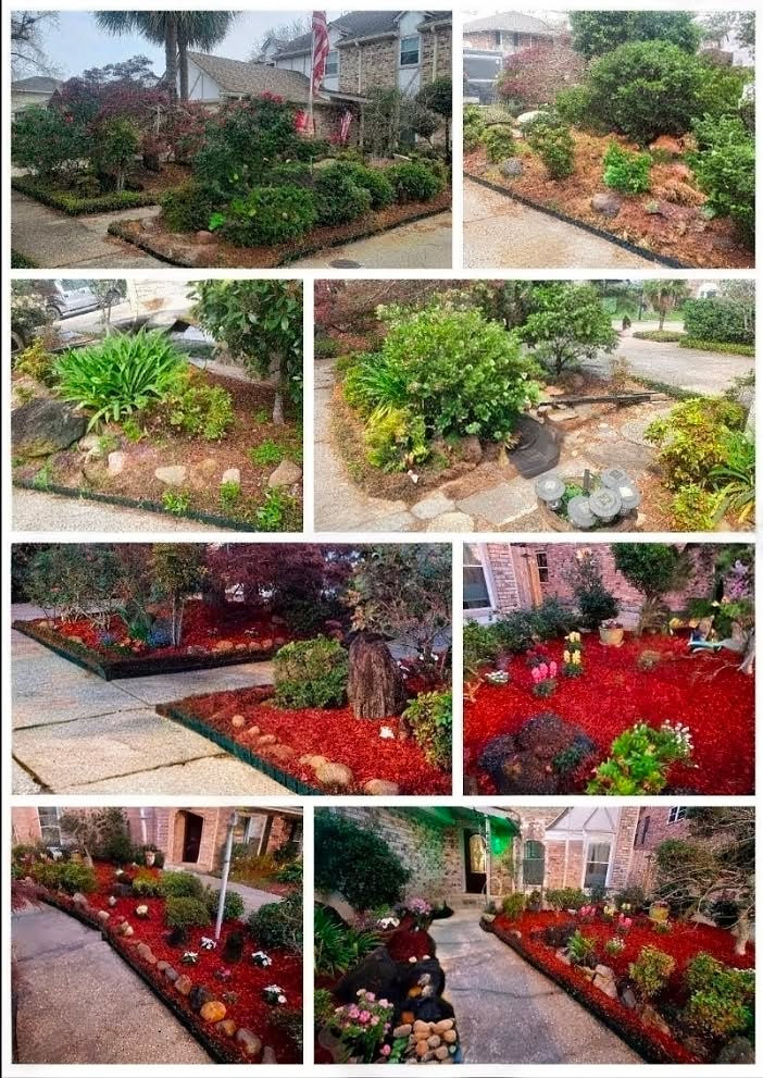 Landscaping designs with plants and red mulch