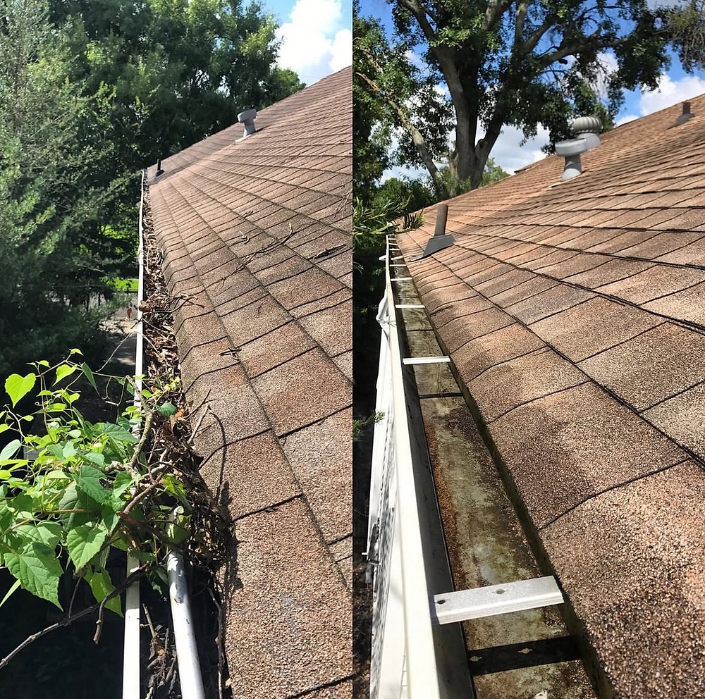 Before and after showing exterior cleaning results for gutters