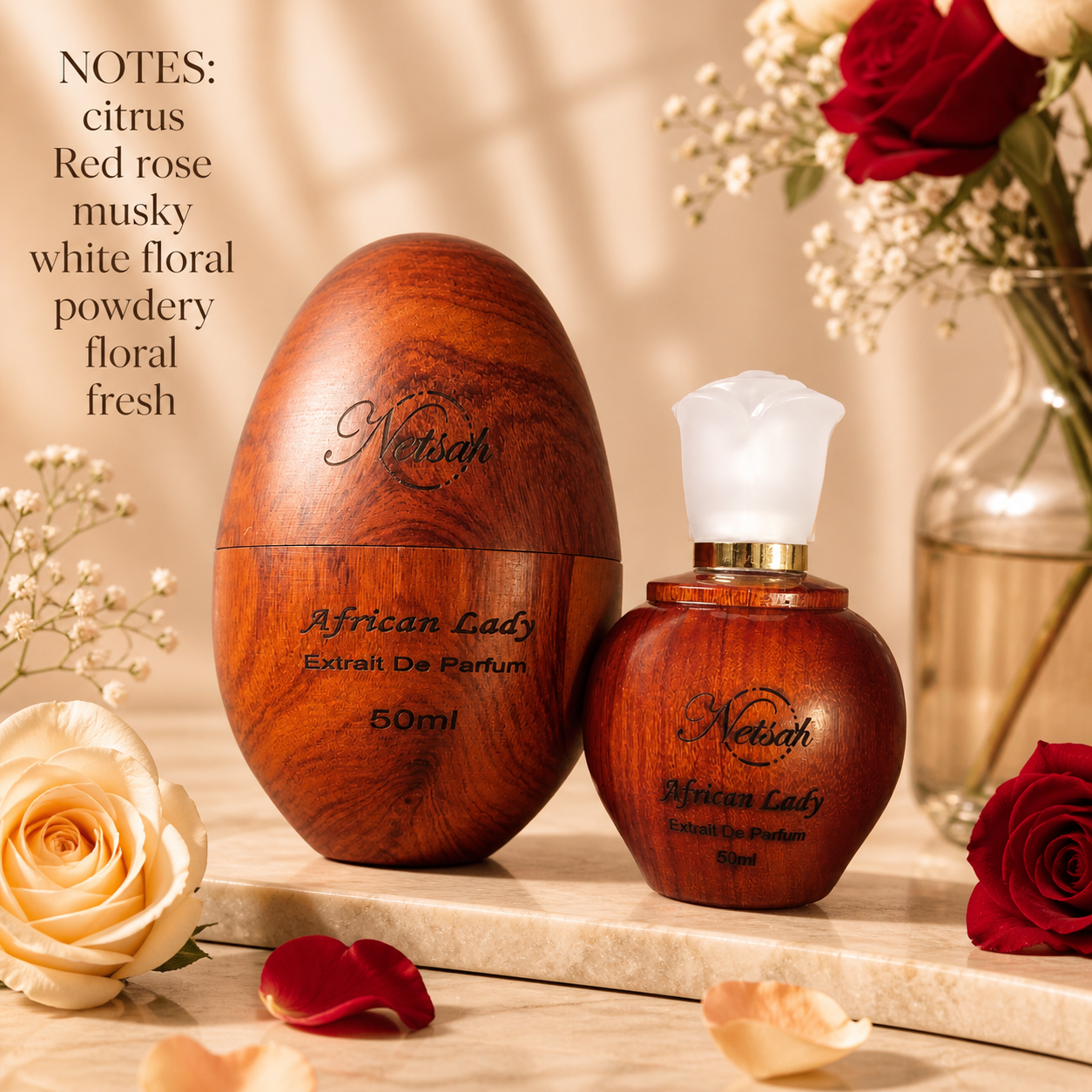 African Lady Extrait De Parfum 50ml on marble, citrus, red rose notes