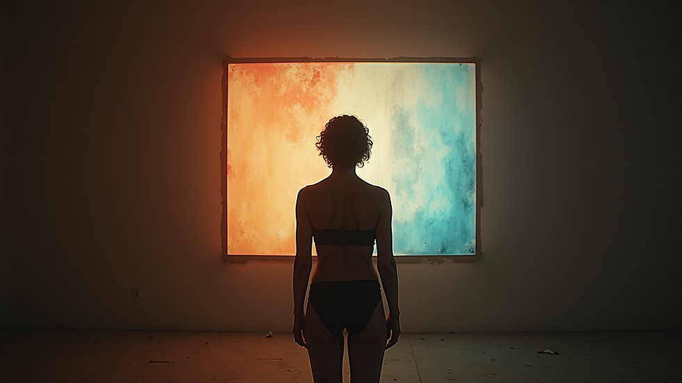 Plano medio de una pintura con cuerpo humano y juego de luces