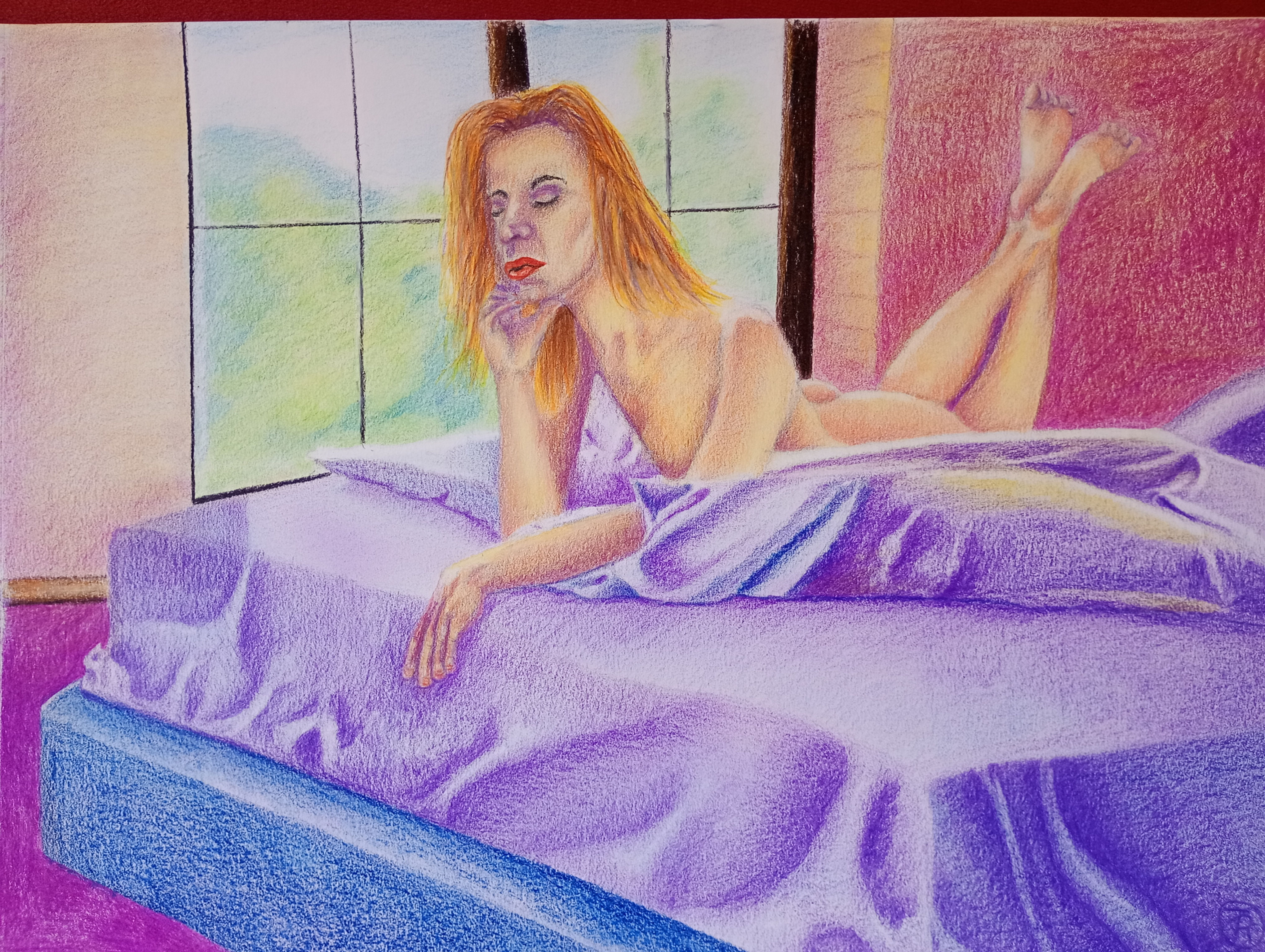 Venta de dibujo original con lápices de colores "Consultar con la almohada "