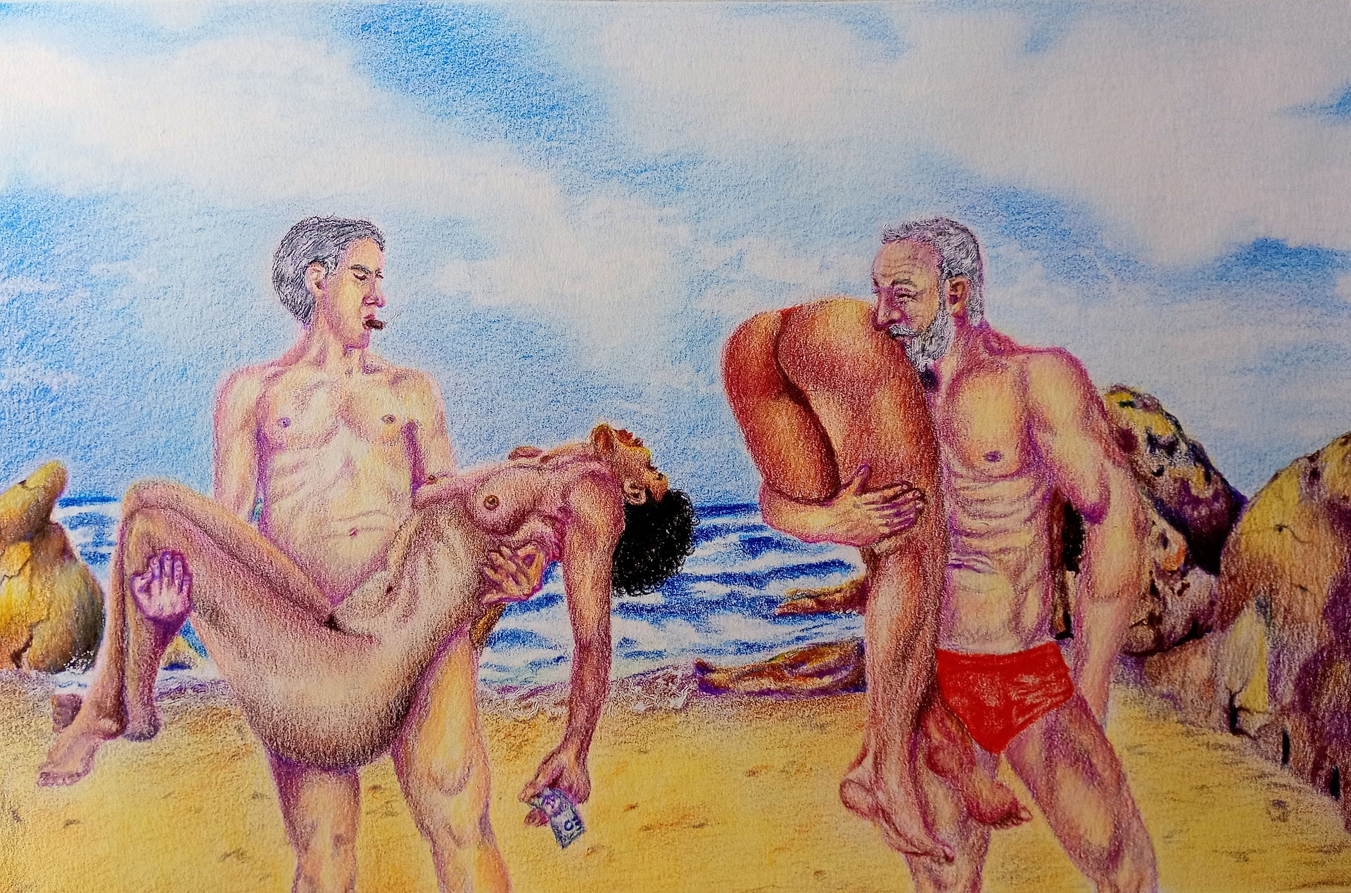Dibujo a lápices de colores sobre papel en homenaje a la obra el rapto de las mulatas de Carlos Enríquez.