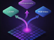 Abstract 3D illustration: three colored tiles converge—green LiDAR, purple photogrammetry and blue RGB video—curved arrows flow into a glowing vortex atop a stylized grid, symbolising data fusion into a unified spatial platform.