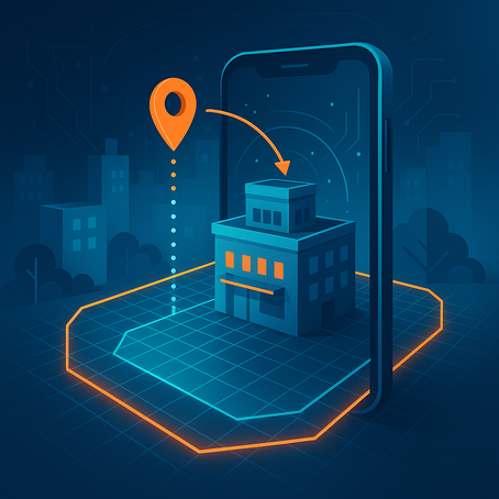 MultiSet VPS v1.7.0 GeoHint—smartphone AR anchors location pin on building inside orange geofence grid in futuristic city.
