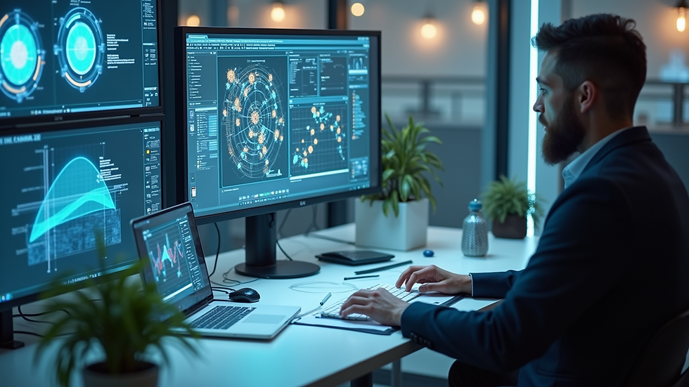 High angle view of a modern workplace showcasing augmented reality technology