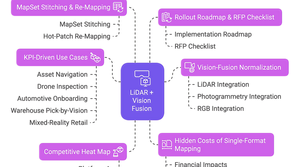 Heat-map squares rate four AR VPS platforms- scan flexibility, lighting robustness, dynamic handling-showing best-in-class indoor positioning.