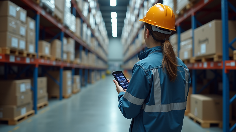 Eye-level view of a warehouse with AR technology being used for inventory tracking